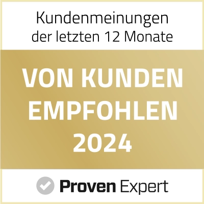 Badge with text in German stating customer reviews from the last 12 months and recommended by customers in 2024 with Proven Expert logo.
