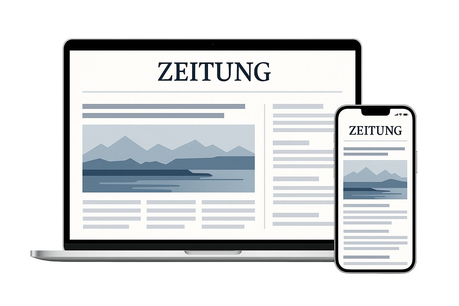 Graphic or Mockup of a MacBook next to an iPhone, both displaying "Zeitung".